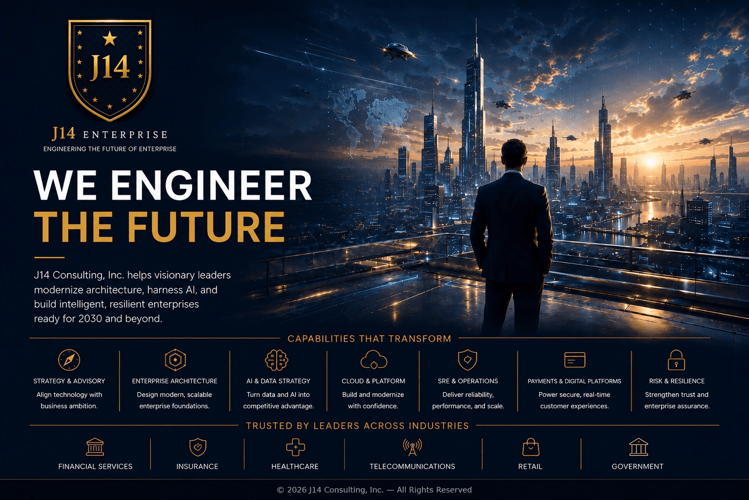 J14 Consulting cinematic hero showing a future enterprise skyline and executive perspective for engineering the future of enterprise.