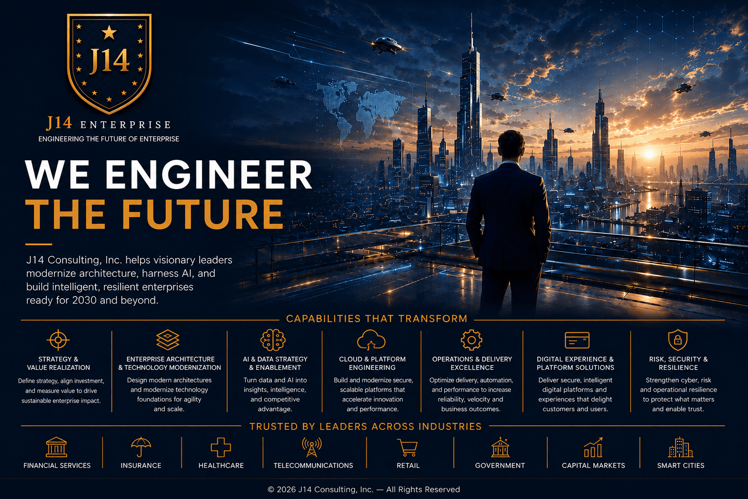 J14 Consulting hero image showing the future of enterprise and updated capabilities that transform.